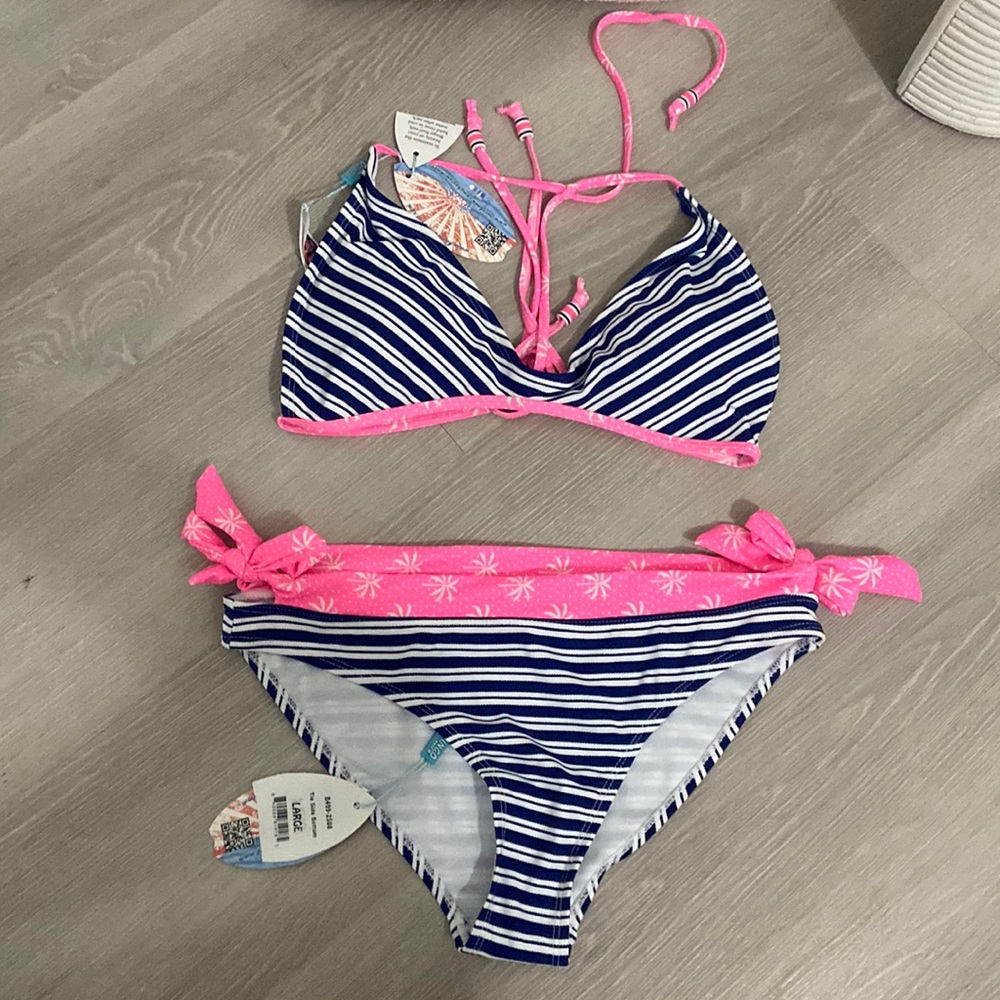 Girls' Navy Stripe & Hot Pink Tie Bikini
